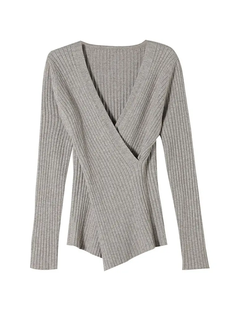 Women Knitted V Neck Top with Long Sleeves Winter Wear