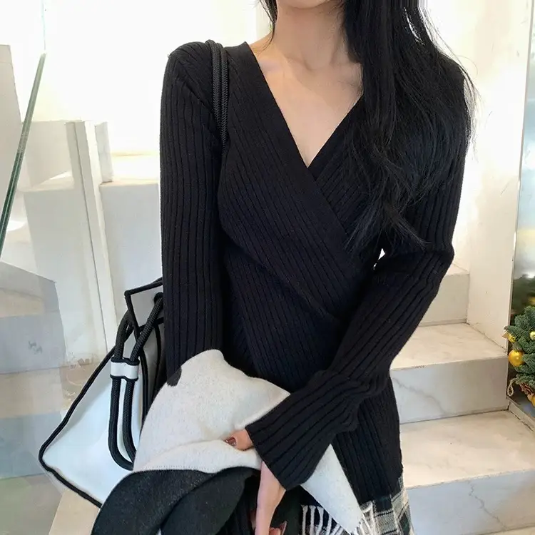 Women Knitted V Neck Top with Long Sleeves Winter Wear — feature 34