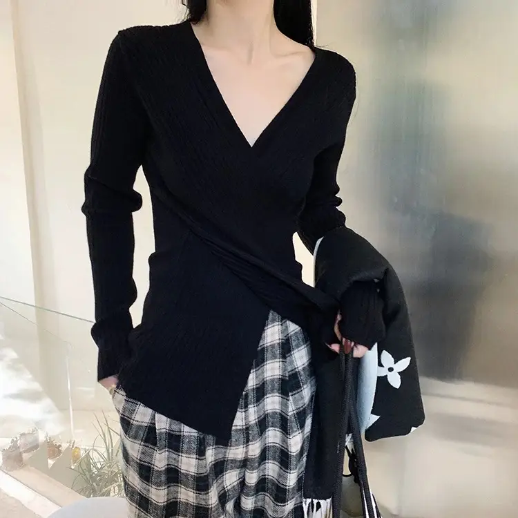 Women Knitted V Neck Top with Long Sleeves Winter Wear — feature 36