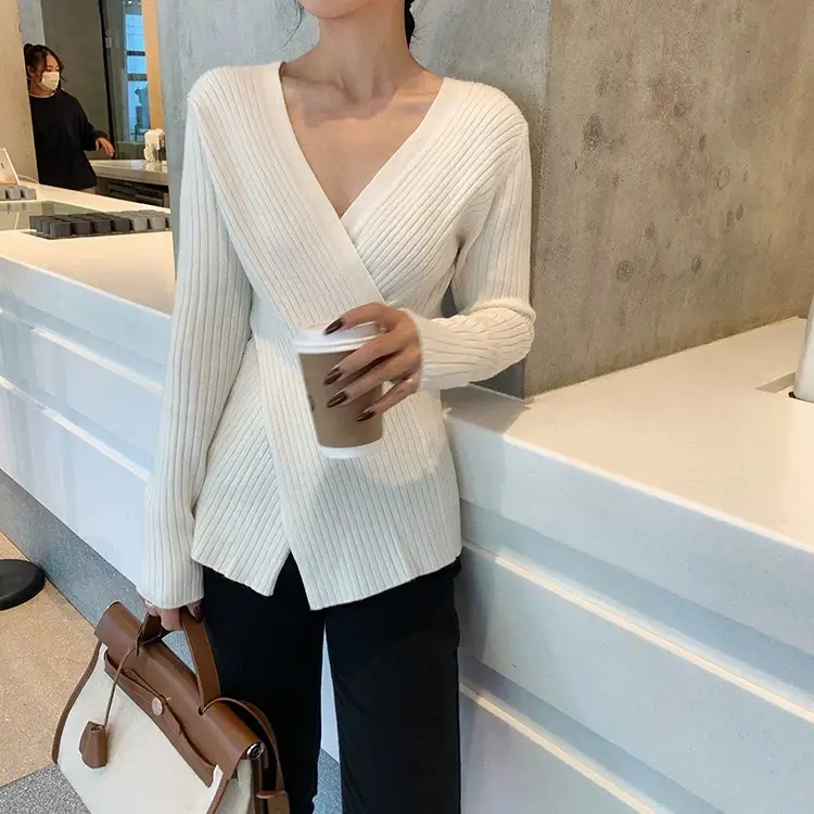 Women Knitted V Neck Top with Long Sleeves Winter Wear — feature 37