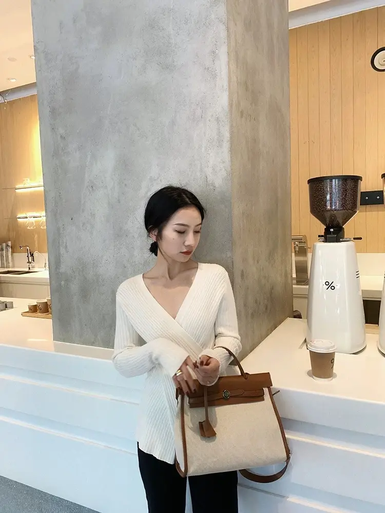 Women Knitted V Neck Top with Long Sleeves Winter Wear — feature 38