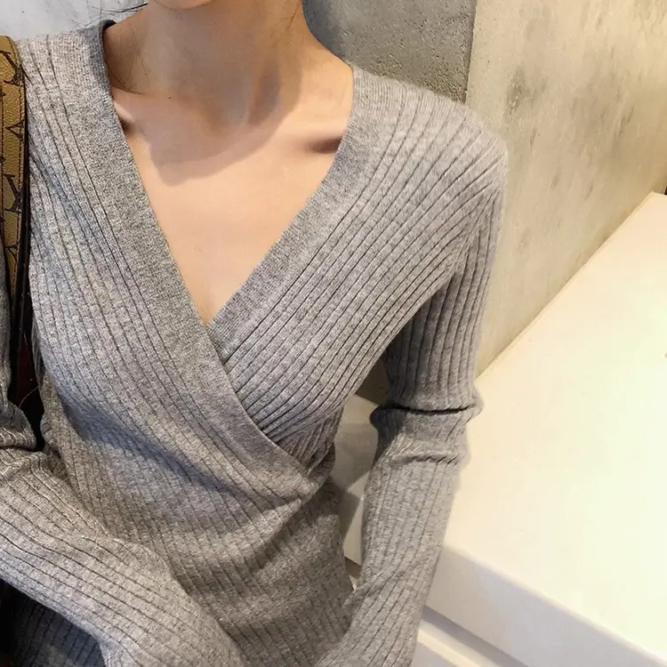 Women Knitted V Neck Top with Long Sleeves Winter Wear — feature 39