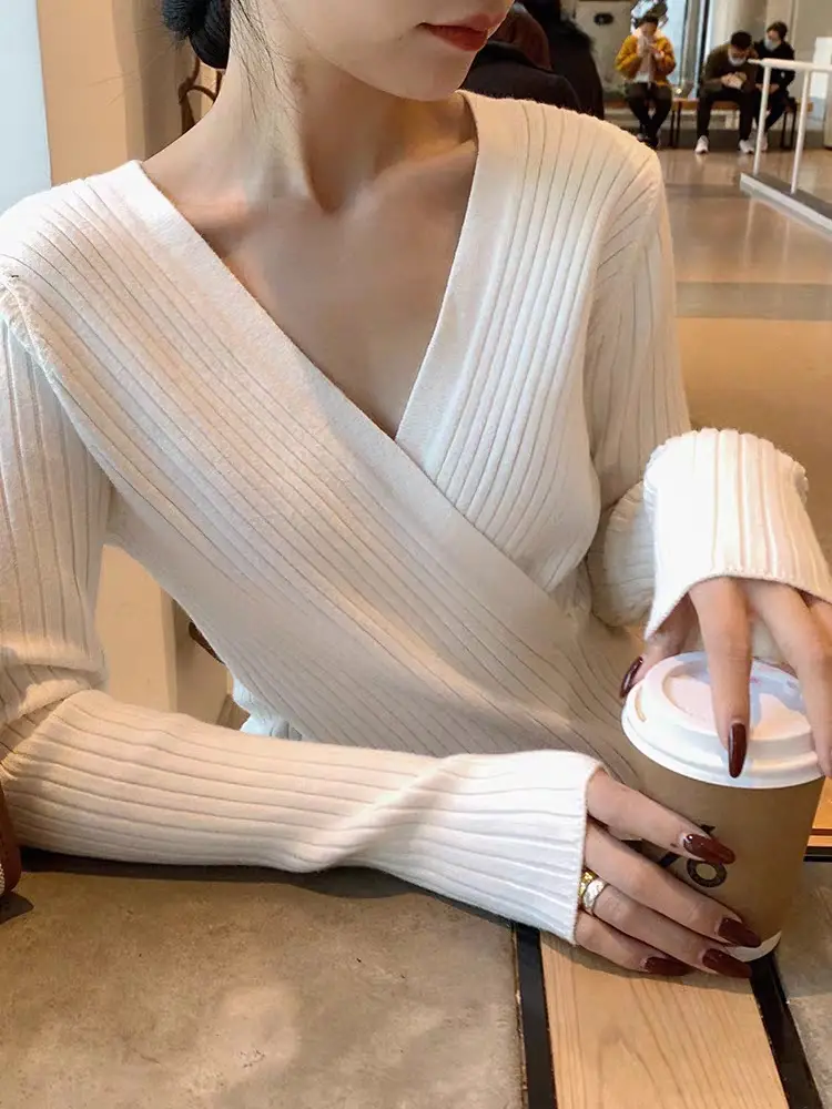 Women Knitted V Neck Top with Long Sleeves Winter Wear — feature 42