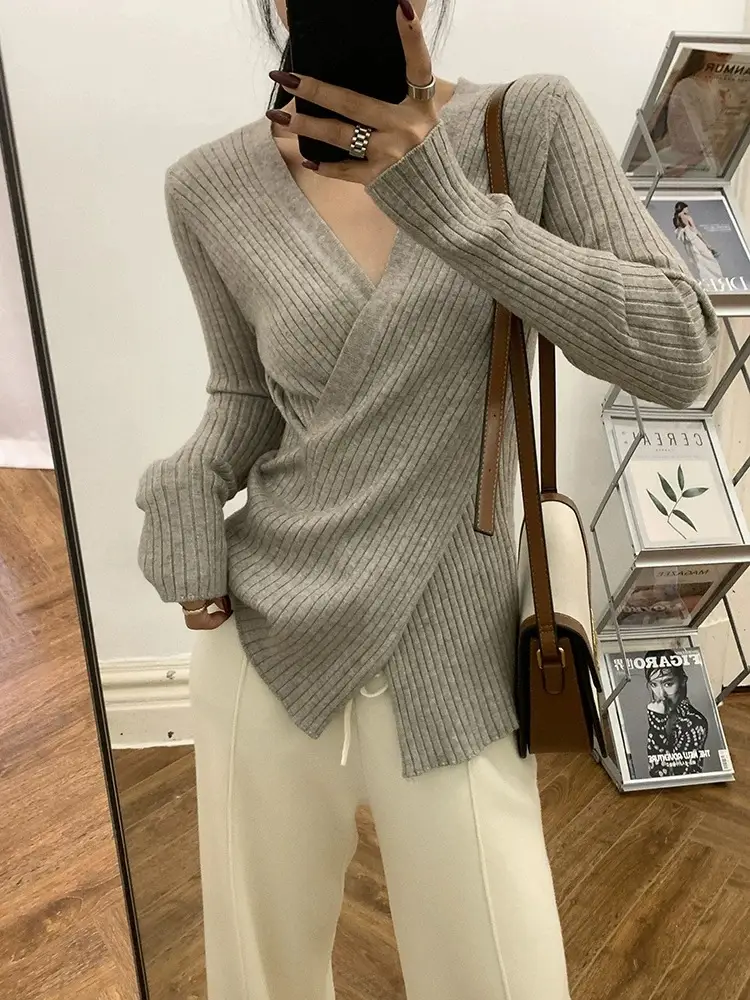 Women Knitted V Neck Top with Long Sleeves Winter Wear — feature 43