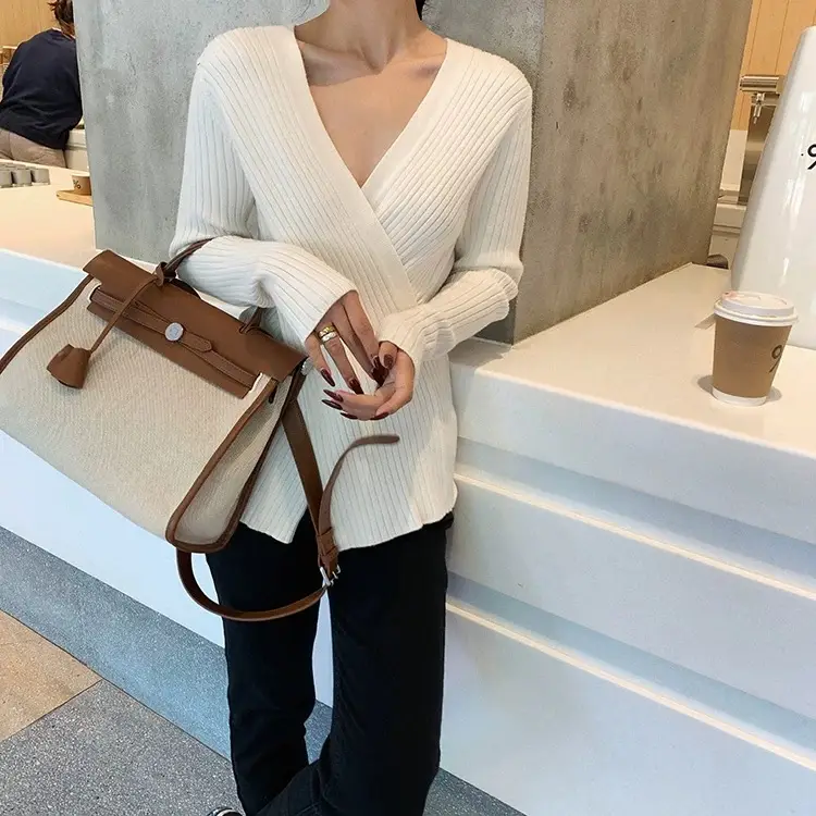 Women Knitted V Neck Top with Long Sleeves Winter Wear — feature 47