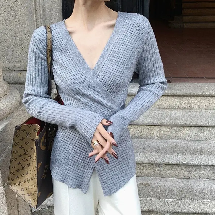 Women Knitted V Neck Top with Long Sleeves Winter Wear — feature 48