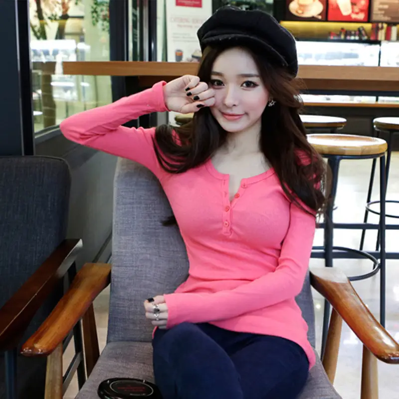 Women Button Long Sleeve T-Shirt Grey Slim Fit - Image 9