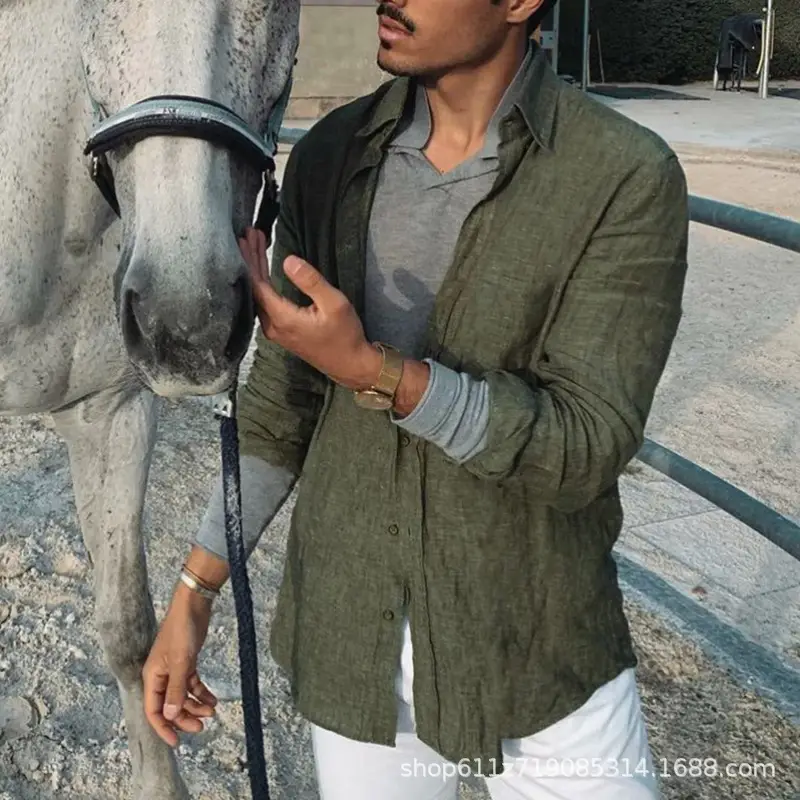Men's White Loose Lapel Shirt with Long Sleeve Beach Wear - Image 4