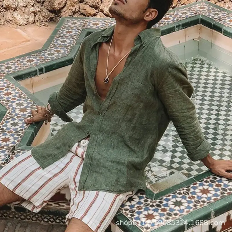Men's White Loose Lapel Shirt with Long Sleeve Beach Wear - Image 5