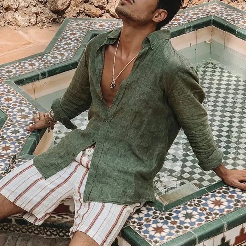 Men's White Loose Lapel Shirt with Long Sleeve Beach Wear — feature 10