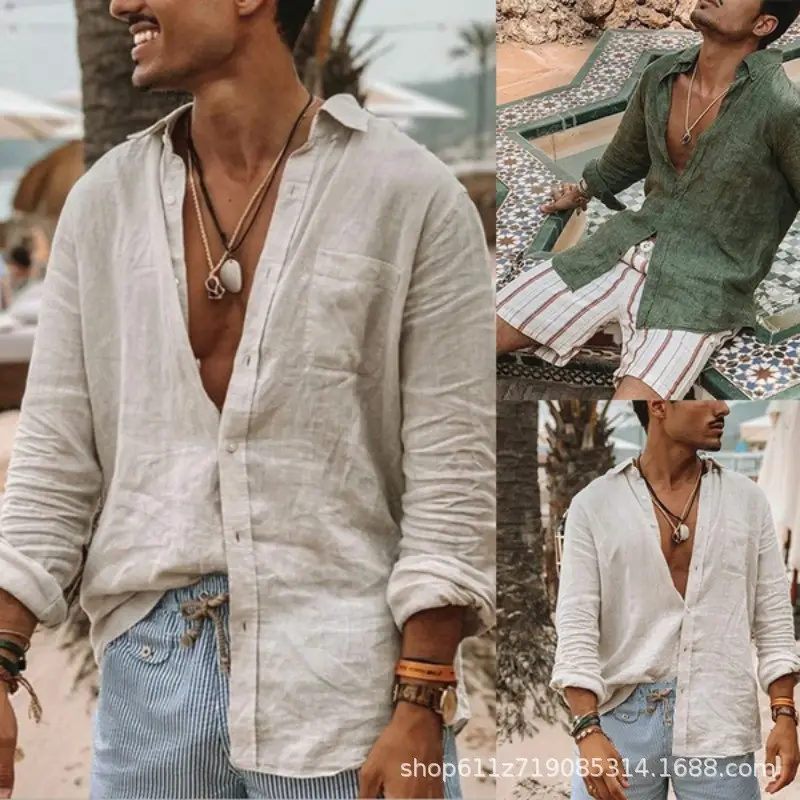 Men's White Loose Lapel Shirt with Long Sleeve Beach Wear — feature 4
