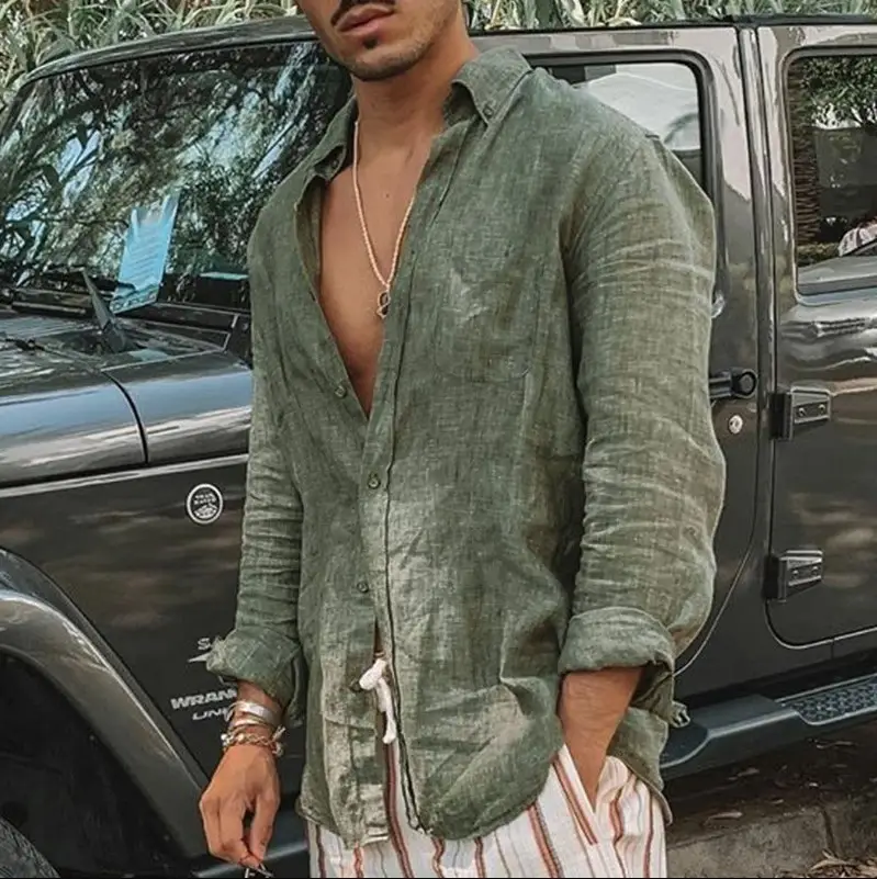 Men's White Loose Lapel Shirt with Long Sleeve Beach Wear — feature 5
