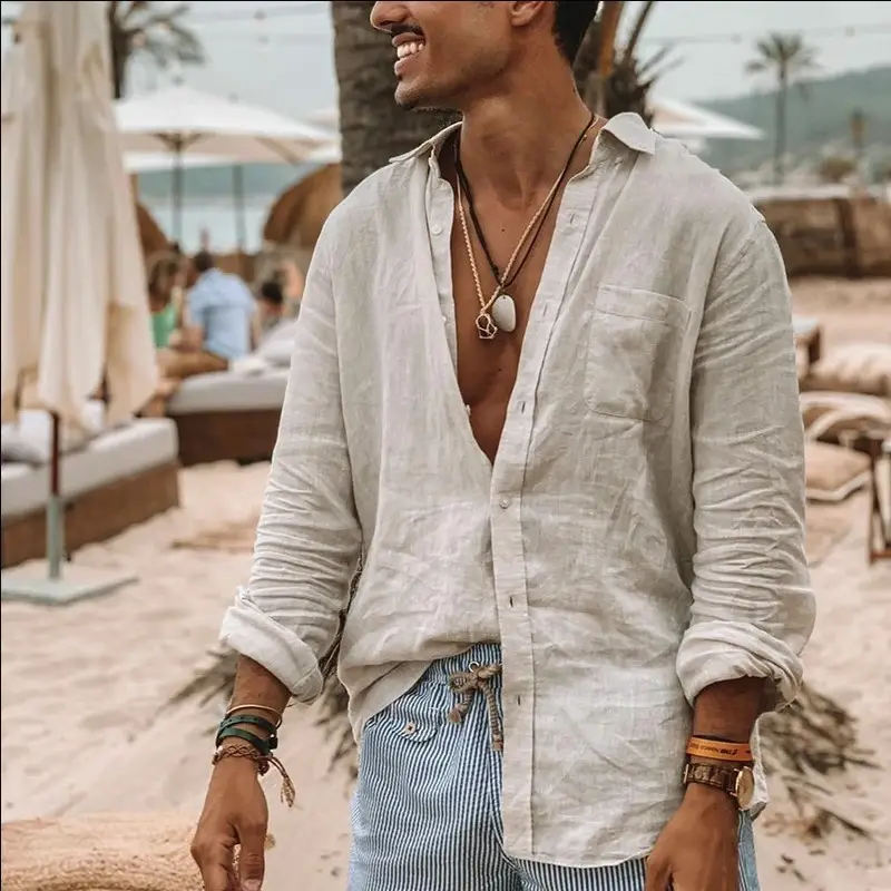Men's White Loose Lapel Shirt with Long Sleeve Beach Wear — feature 6