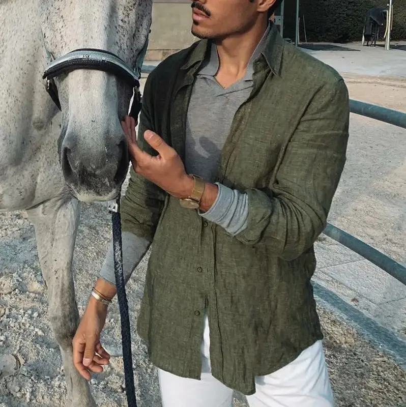 Men's White Loose Lapel Shirt with Long Sleeve Beach Wear — feature 7