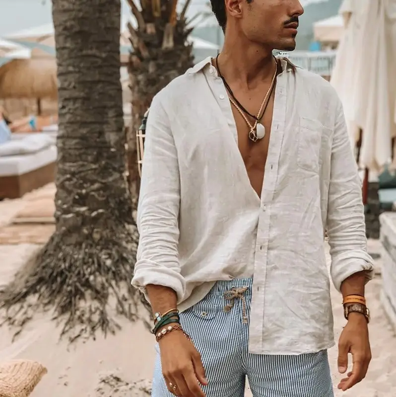 Men's White Loose Lapel Shirt with Long Sleeve Beach Wear — feature 8