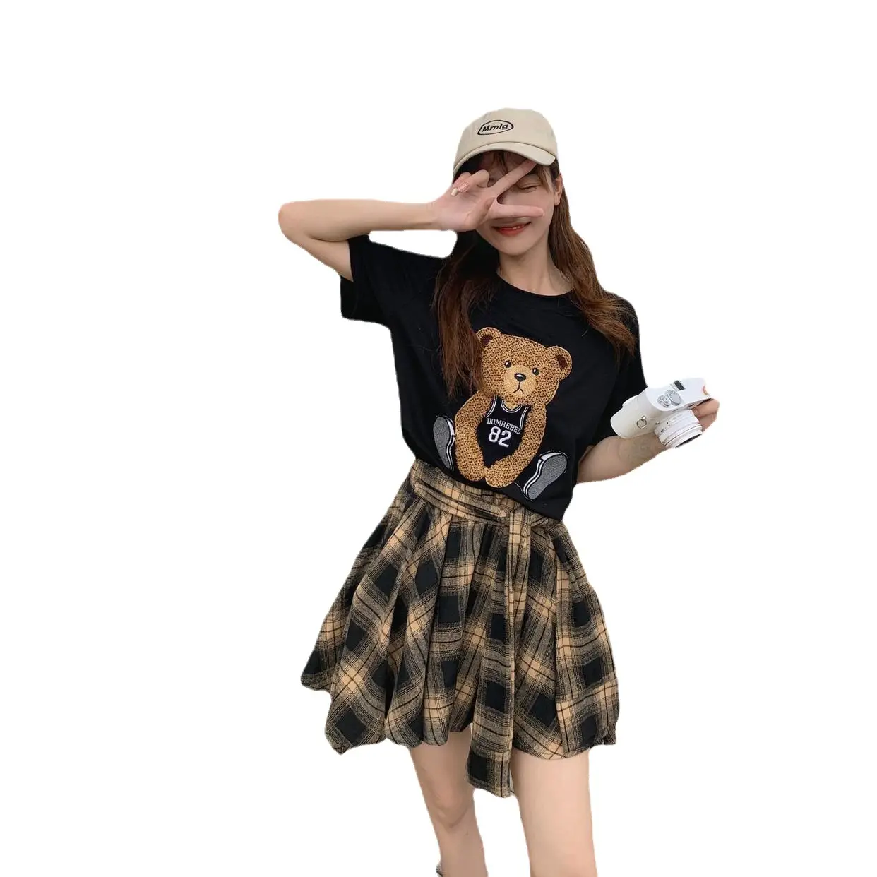 Women Plaid Ruffled Skirt T-Shirt Set Summer