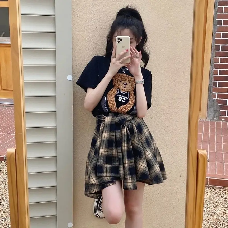 Women Plaid Ruffled Skirt T-Shirt Set Summer — feature 2
