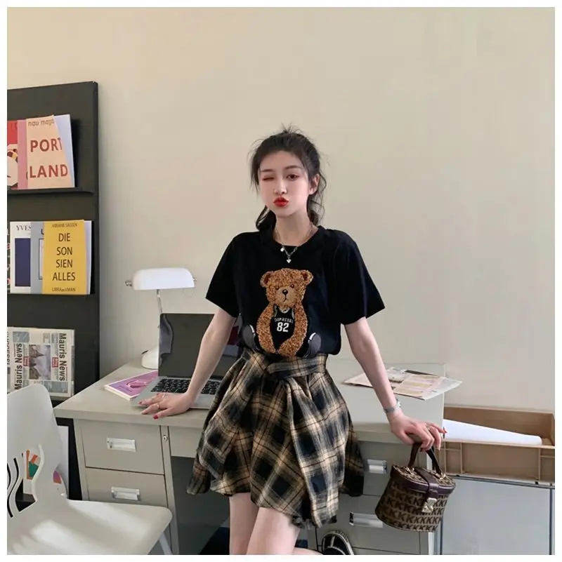 Women Plaid Ruffled Skirt T-Shirt Set Summer — feature 5