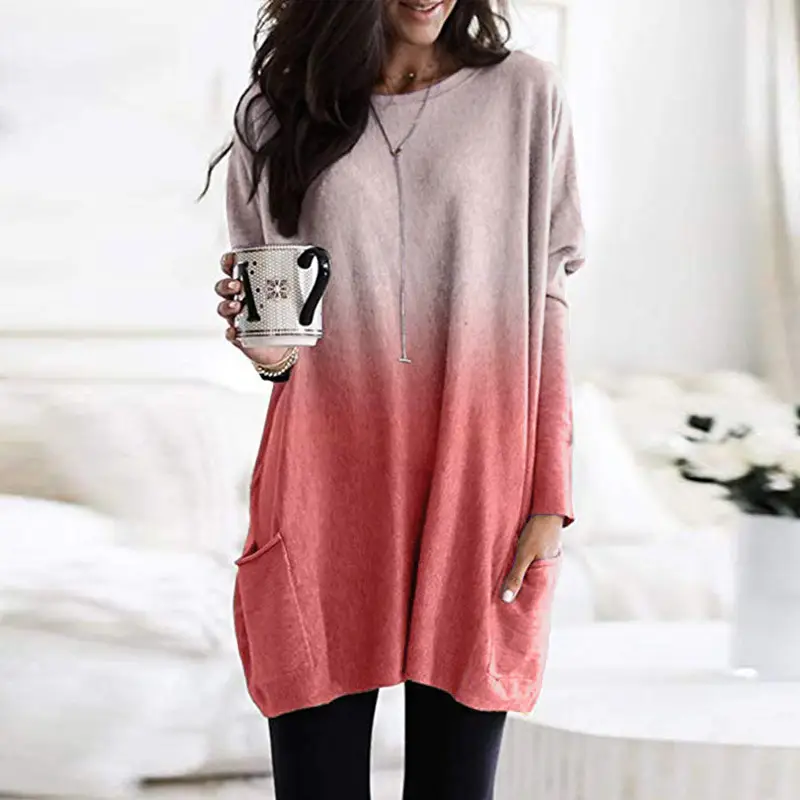 Women Gradient Long Sleeve T-Shirt Top Casual Pocket