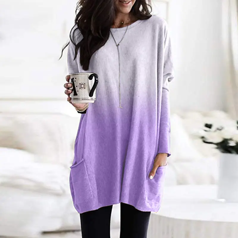 Women Gradient Long Sleeve T-Shirt Top Casual Pocket