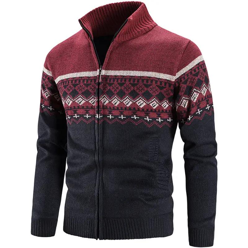 Men's Grey Printed Knitted Fleece Jacket with Zipper - Image 6