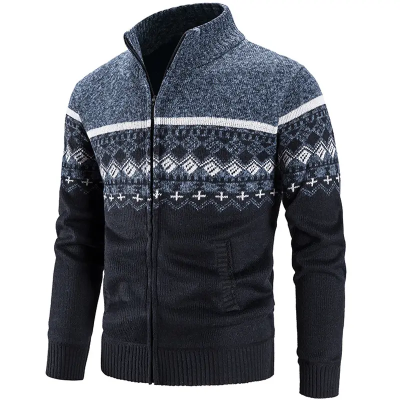 Men's Grey Printed Knitted Fleece Jacket with Zipper - Image 7