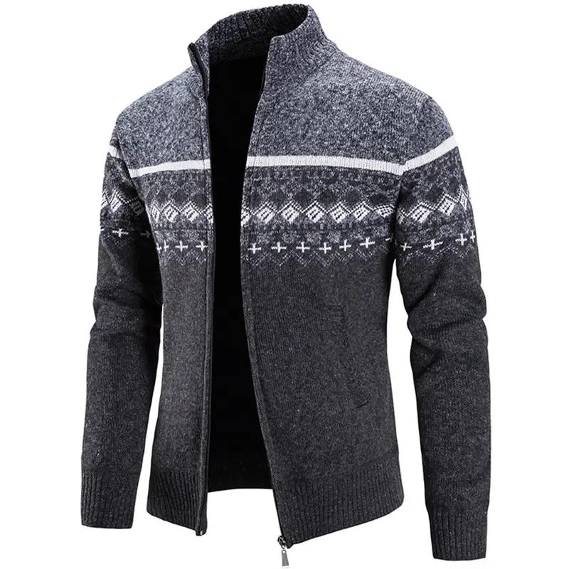 Men's Grey Printed Knitted Fleece Jacket with Zipper - Image 8