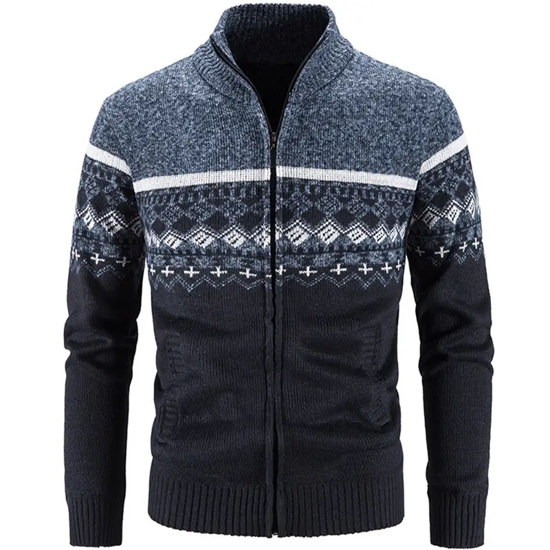 Men's Grey Printed Knitted Fleece Jacket with Zipper - Image 2