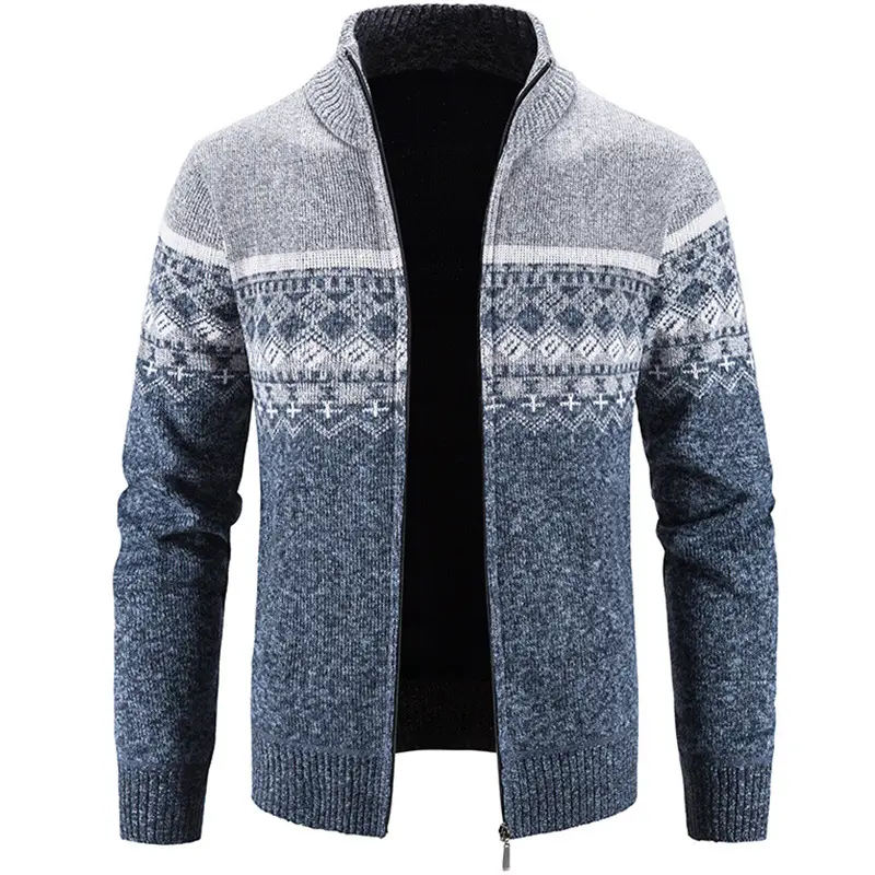 Men's Grey Printed Knitted Fleece Jacket with Zipper - Image 3