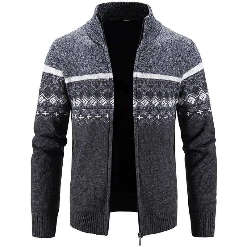 Men's Grey Printed Knitted Fleece Jacket with Zipper - Image 4