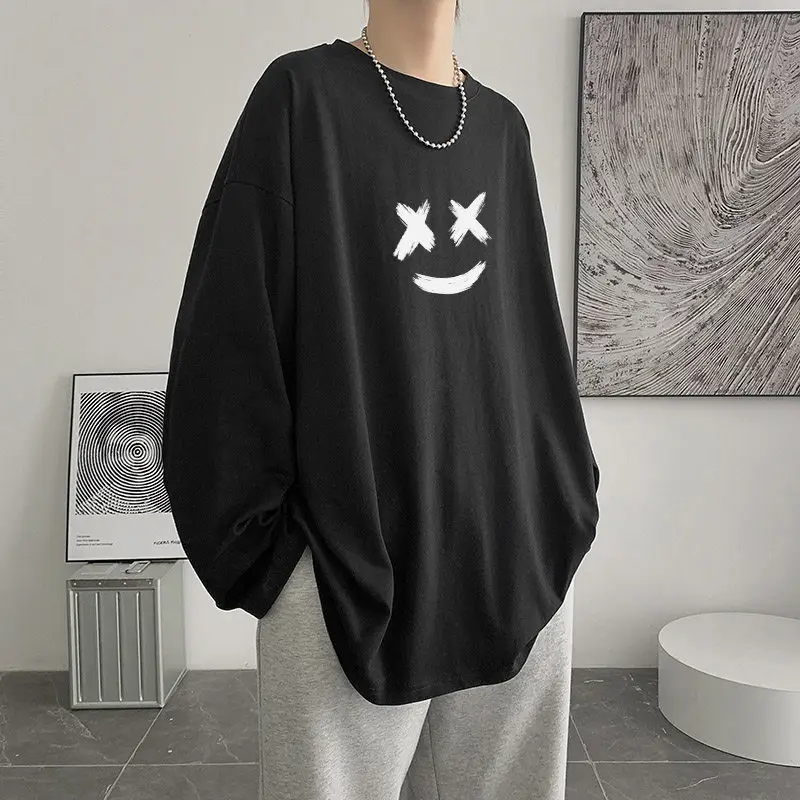 Men White Loose Round Neck Long Sleeve T-Shirt