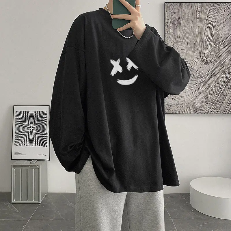 Men White Loose Round Neck Long Sleeve T-Shirt
