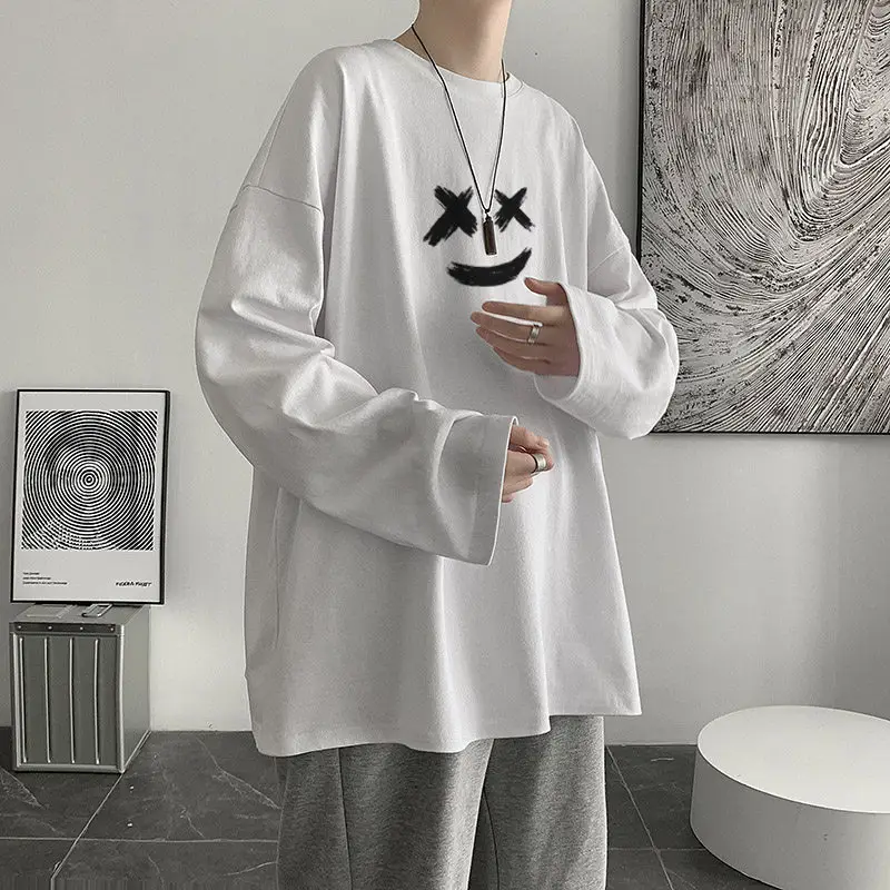 Men White Loose Round Neck Long Sleeve T-Shirt