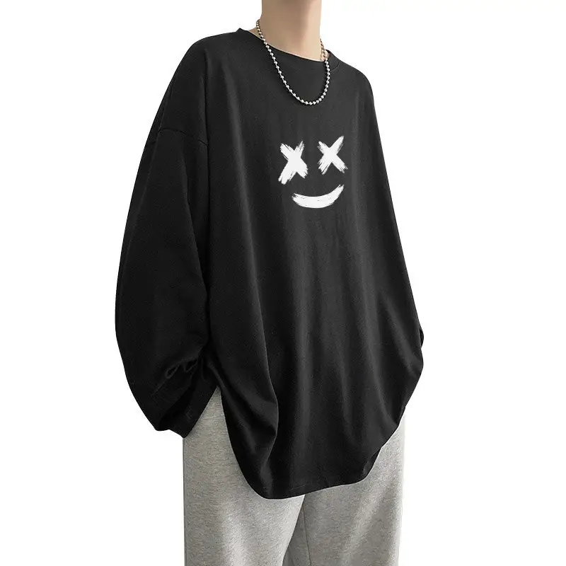 Men White Loose Round Neck Long Sleeve T-Shirt