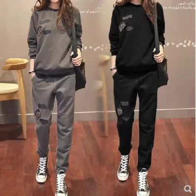 Women 2021 Fleece Lined Grey Sweater Trousers Set - Image 4