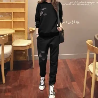 Women 2021 Fleece Lined Grey Sweater Trousers Set - Image 2