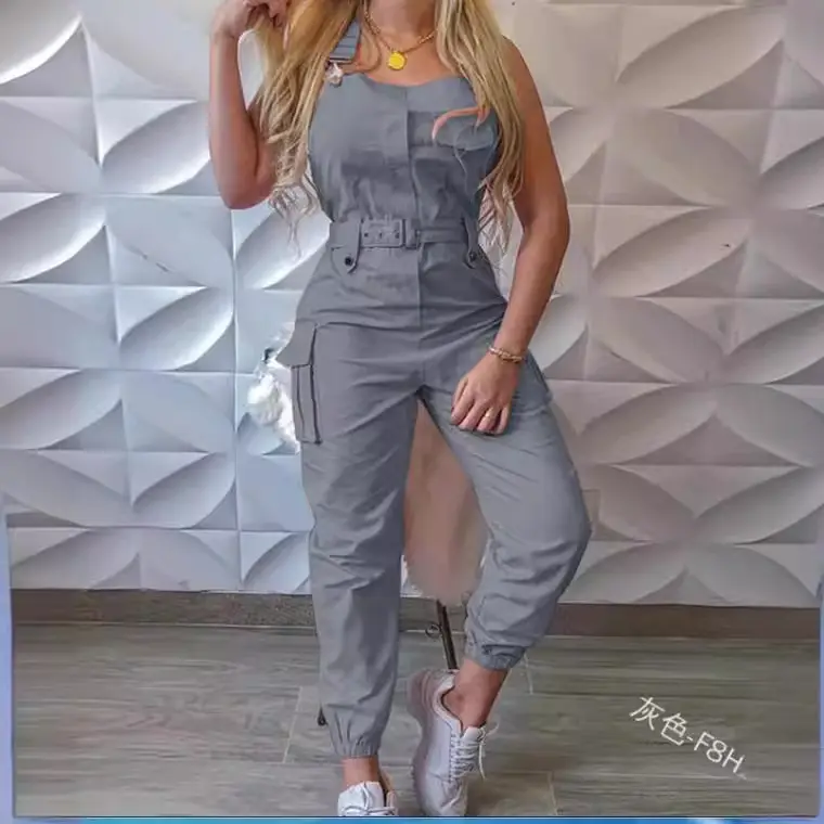 Gray Flap Pocket Workwear Pants Set for Women - Image 15