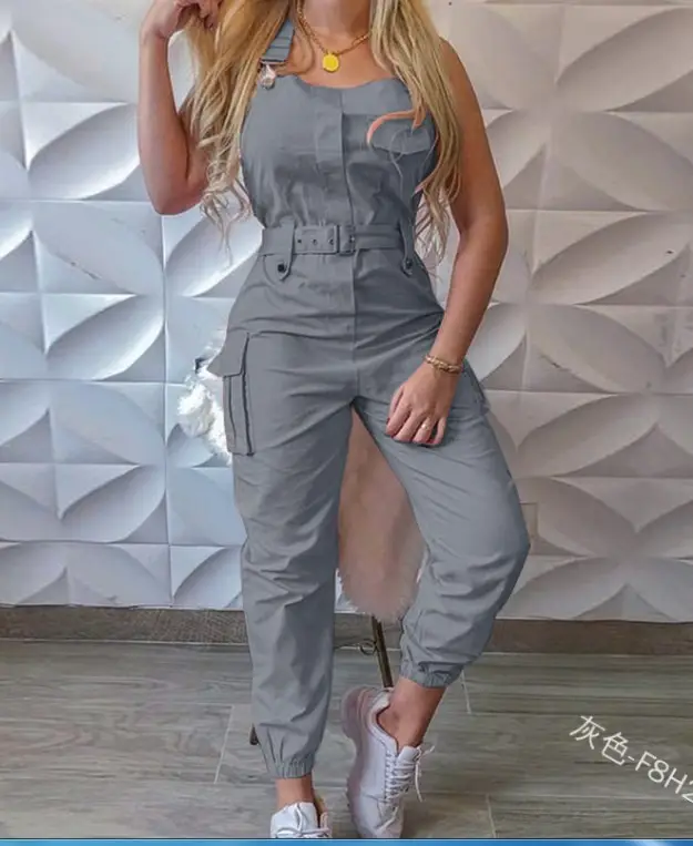 Gray Flap Pocket Workwear Pants Set for Women - Image 4