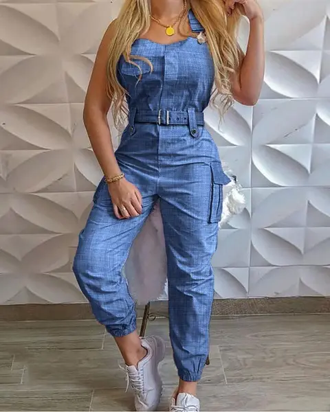 Gray Flap Pocket Workwear Pants Set for Women - Image 7