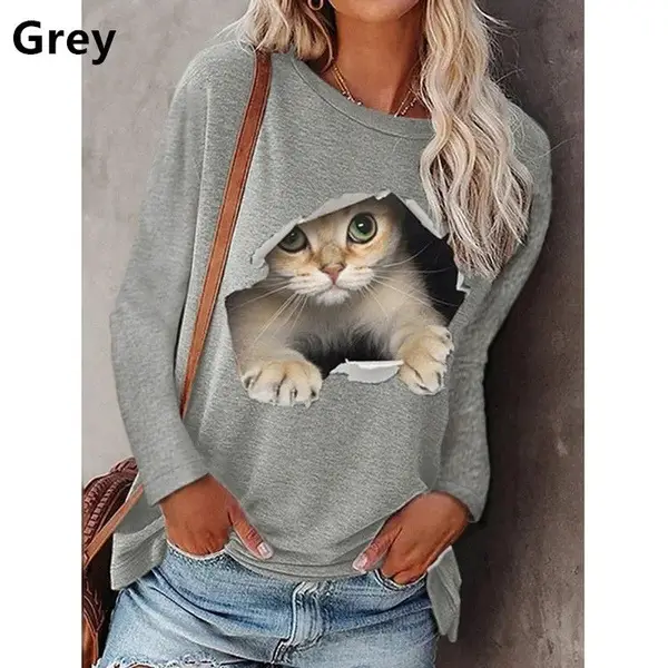 Black Cat Print Long Sleeve T-Shirt for Women - Image 6