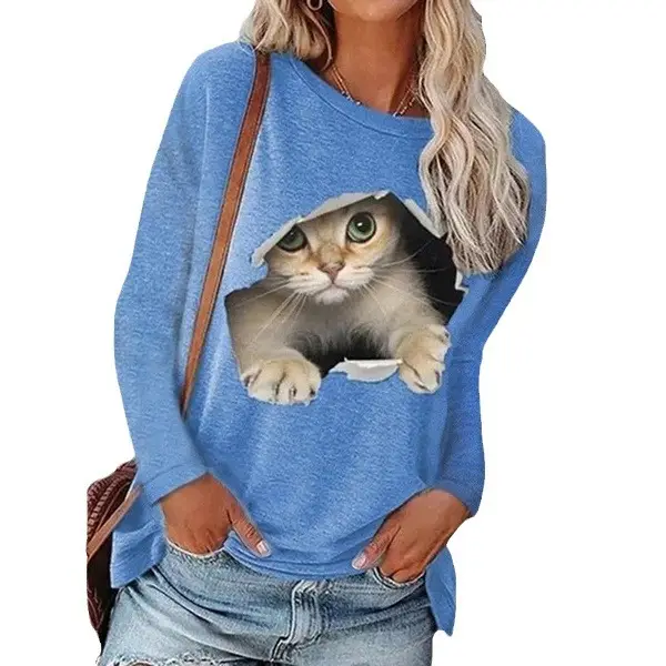 Black Cat Print Long Sleeve T-Shirt for Women - Image 8