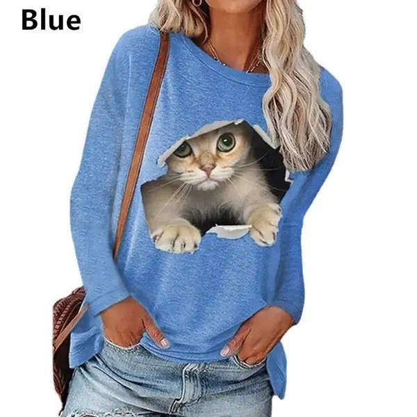 Black Cat Print Long Sleeve T-Shirt for Women - Image 3