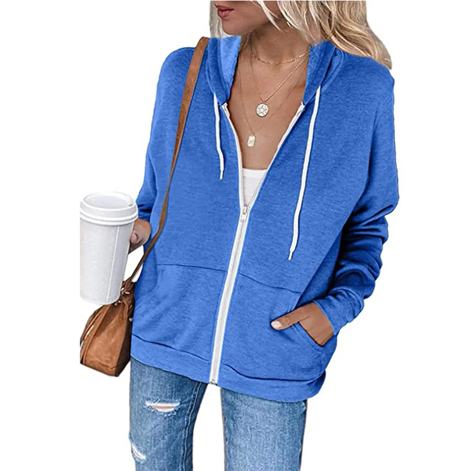 Blue Zipper Hooded Pullover Women's Cardigan with Front Pocket