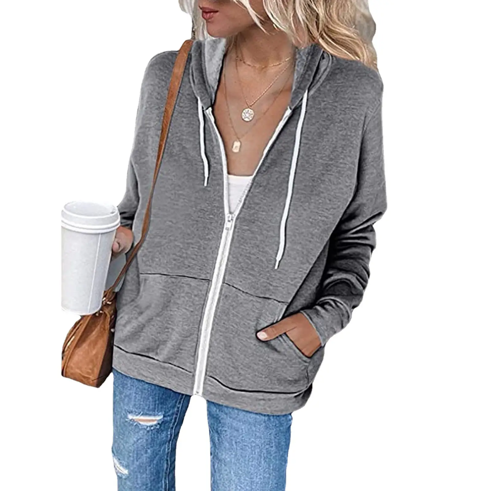 Blue Zipper Hooded Pullover Women's Cardigan with Front Pocket