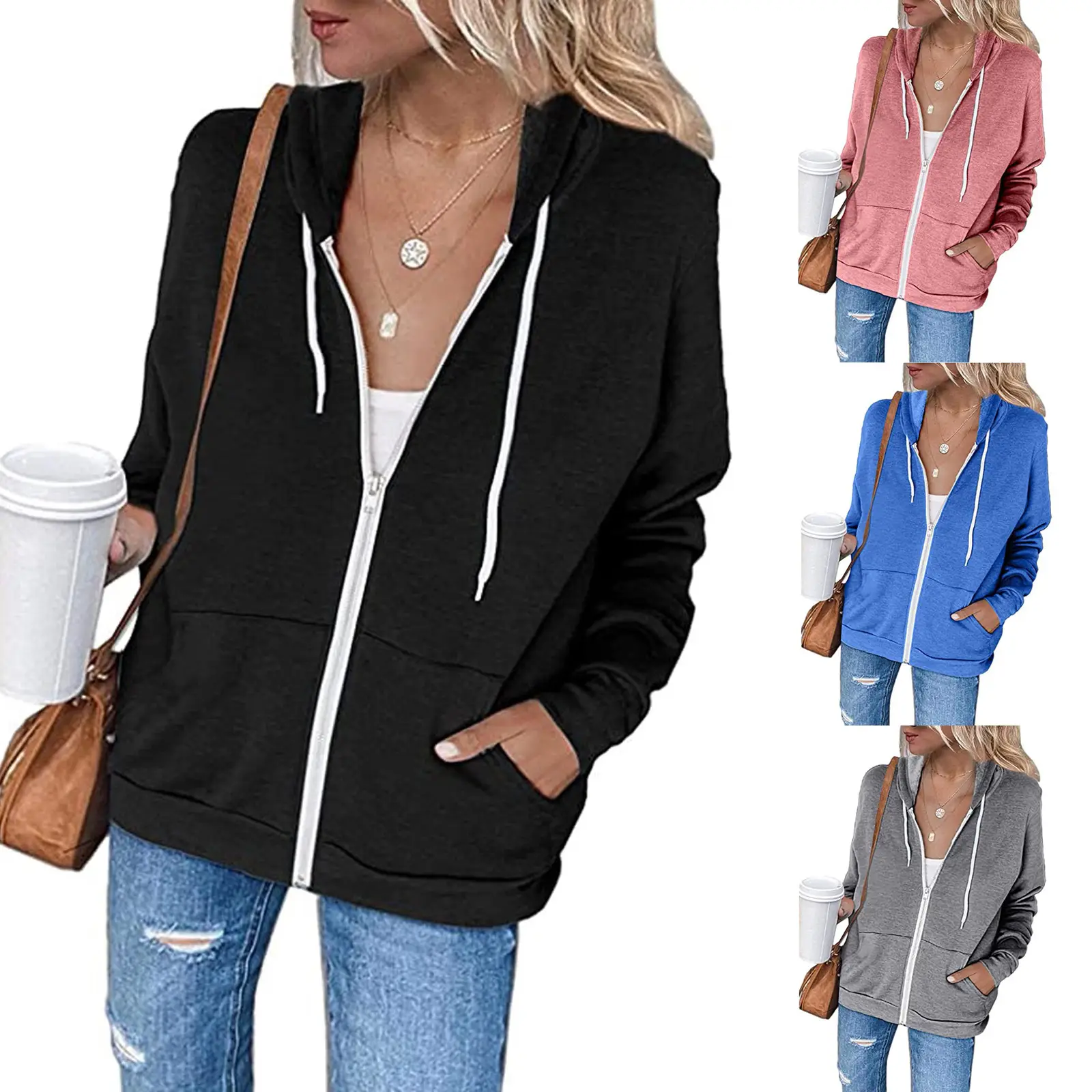 Blue Zipper Hooded Pullover Women's Cardigan with Front Pocket — feature 12