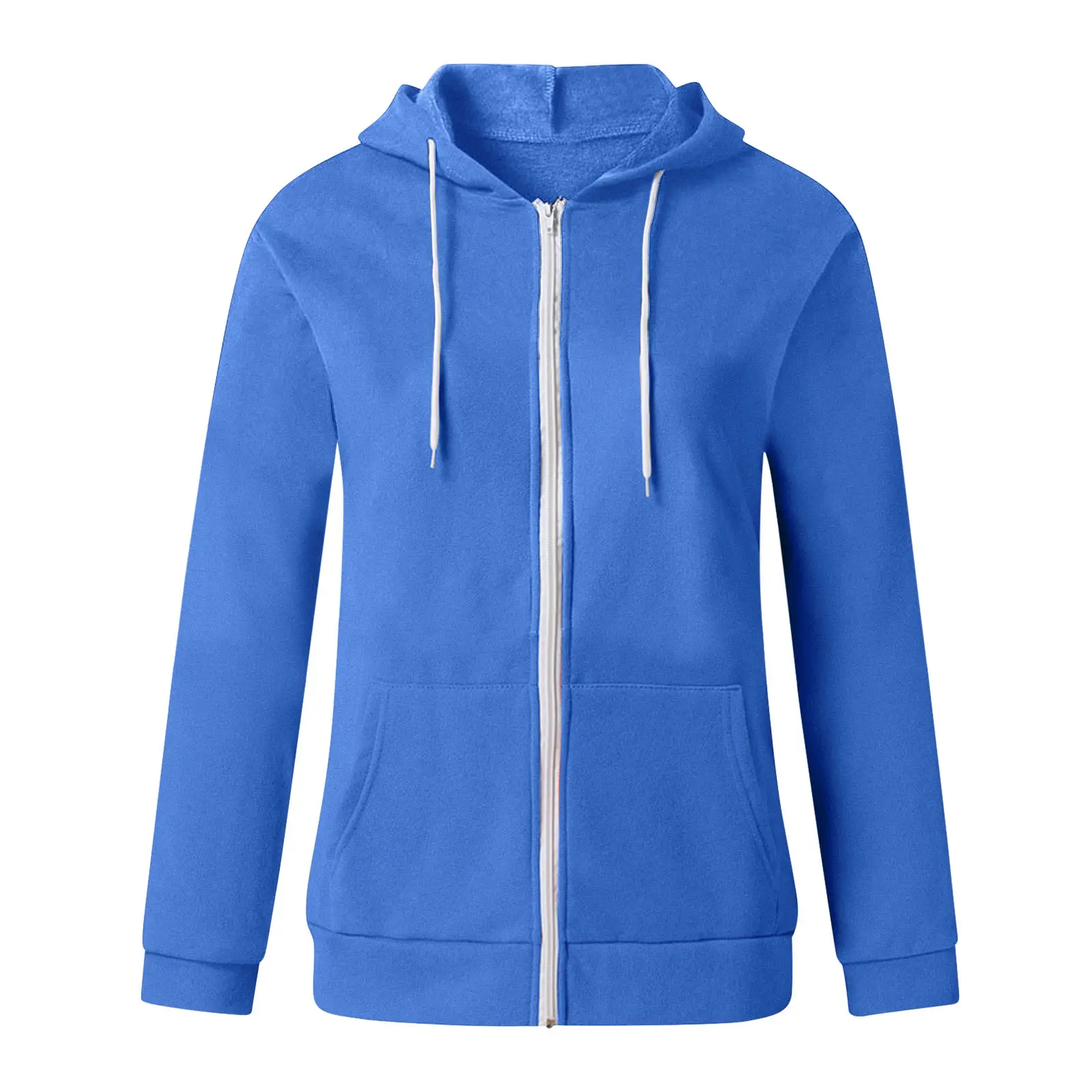 Blue Zipper Hooded Pullover Women's Cardigan with Front Pocket — feature 16