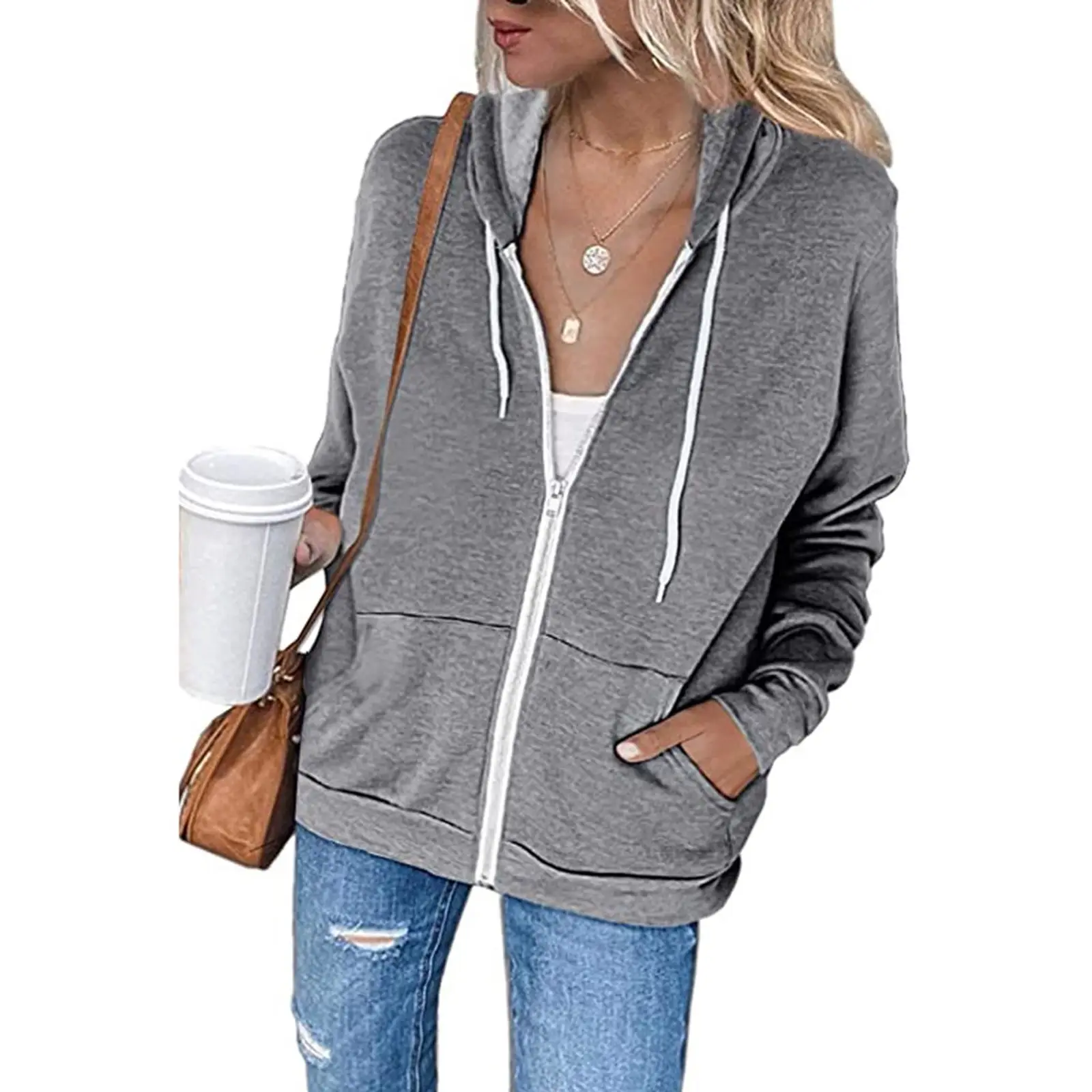 Blue Zipper Hooded Pullover Women's Cardigan with Front Pocket — feature 21