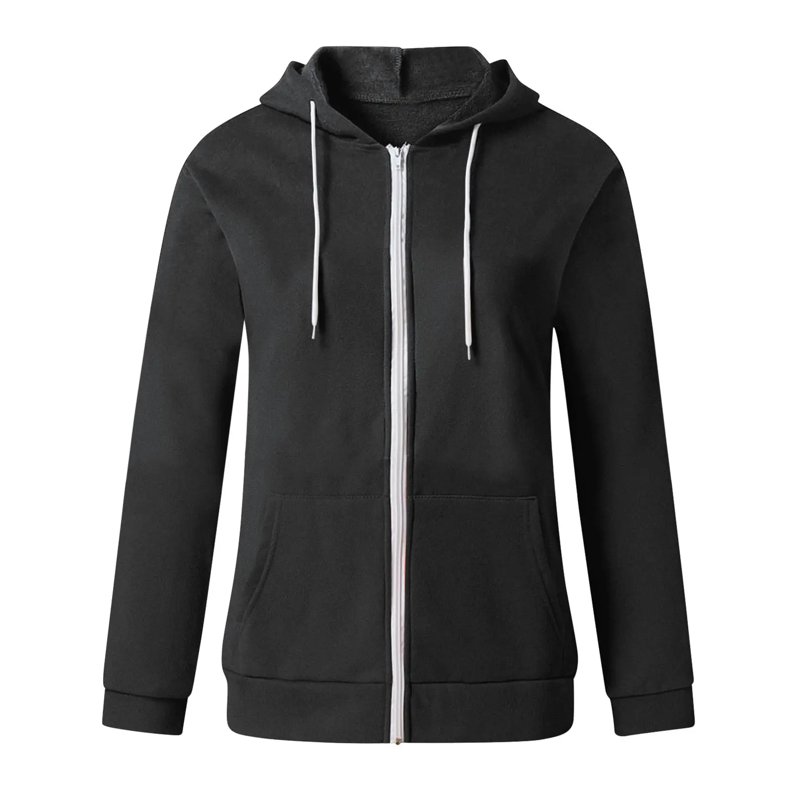 Blue Zipper Hooded Pullover Women's Cardigan with Front Pocket