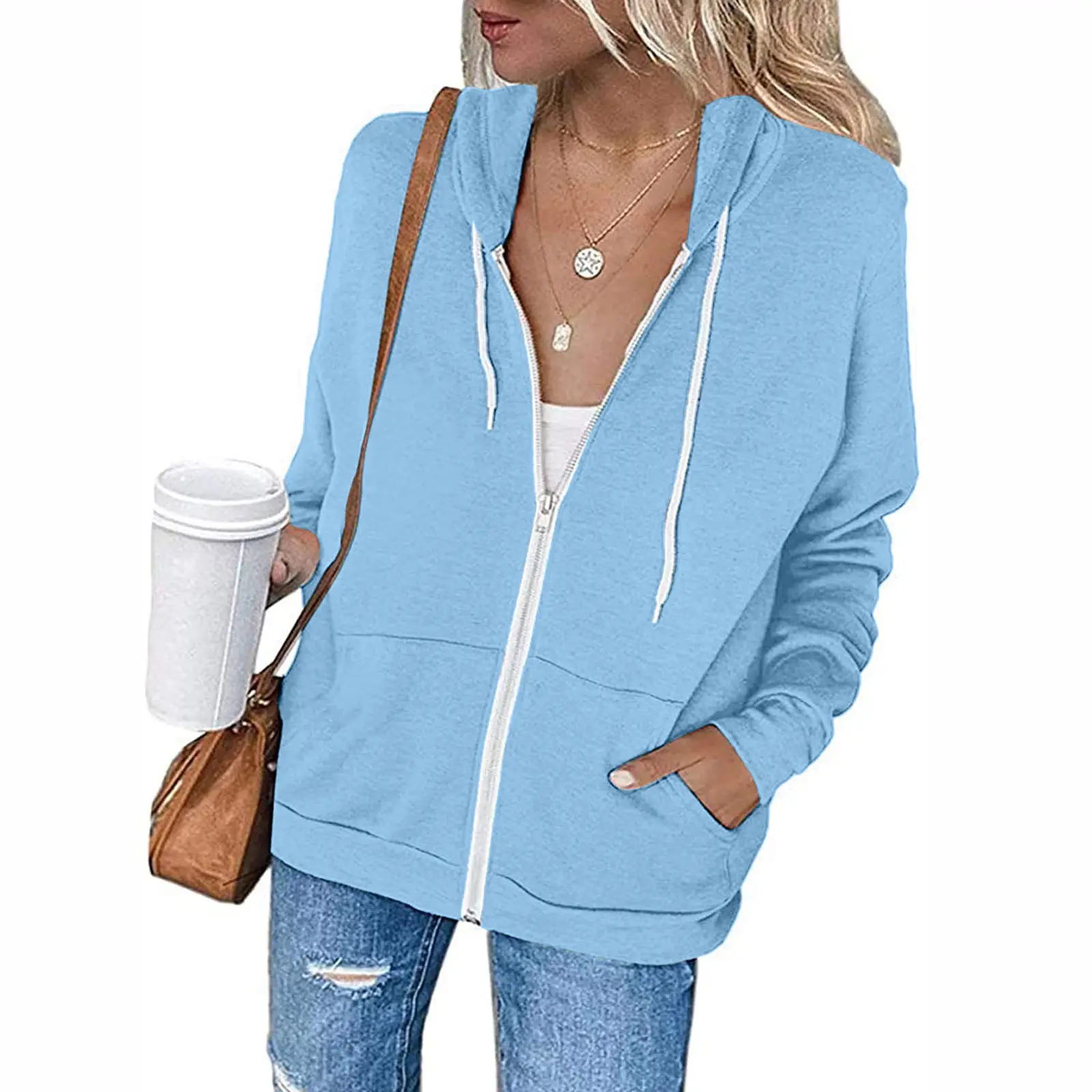 Blue Zipper Hooded Pullover Women's Cardigan with Front Pocket