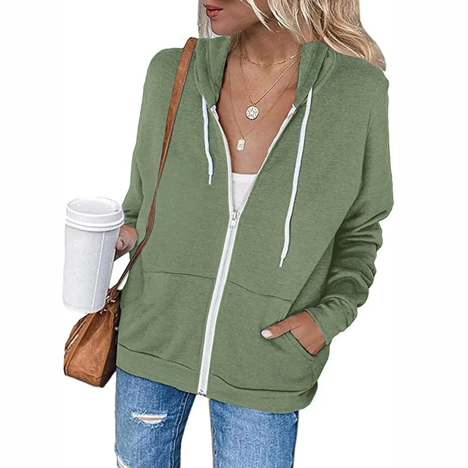 Blue Zipper Hooded Pullover Women's Cardigan with Front Pocket